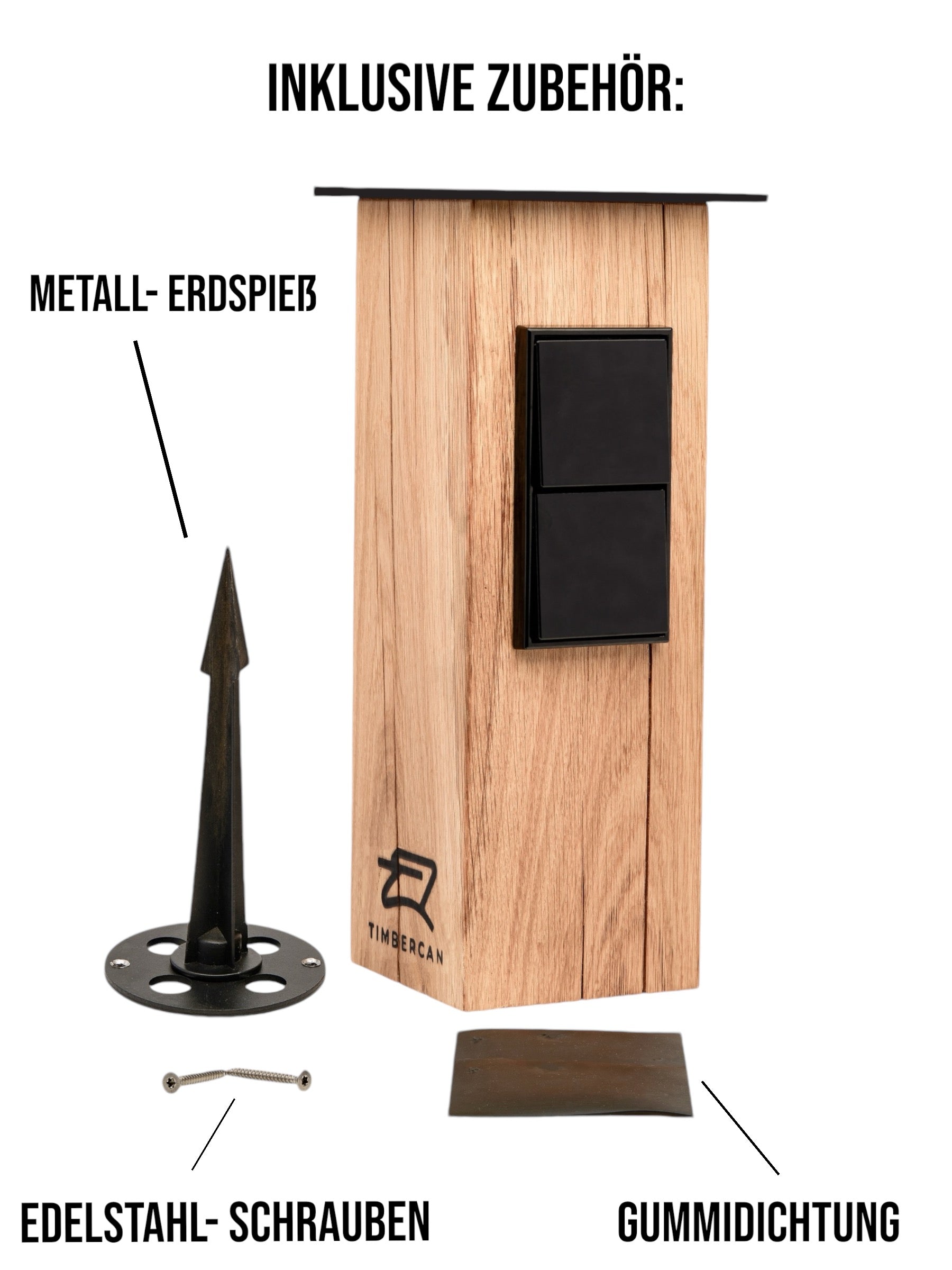 Bild von der Steckdosensäule auf weißen Hintergrund. Der Metall-Erdspieß, die Schrauben und Dichtung sind im Lieferumfang enthalten.