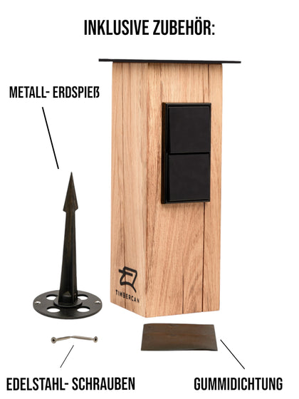 Bild von der Steckdosensäule auf weißen Hintergrund. Der Metall-Erdspieß, die Schrauben und Dichtung sind im Lieferumfang enthalten.
