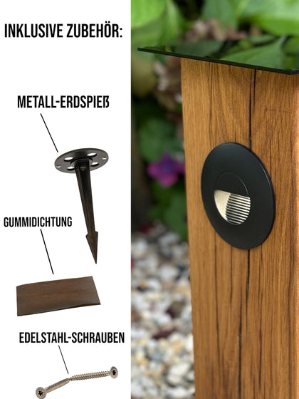 Grafik zeigt, dass der Erdspieß aus Metall, die Schrauben und Dichtung mitgeliefert werden. 