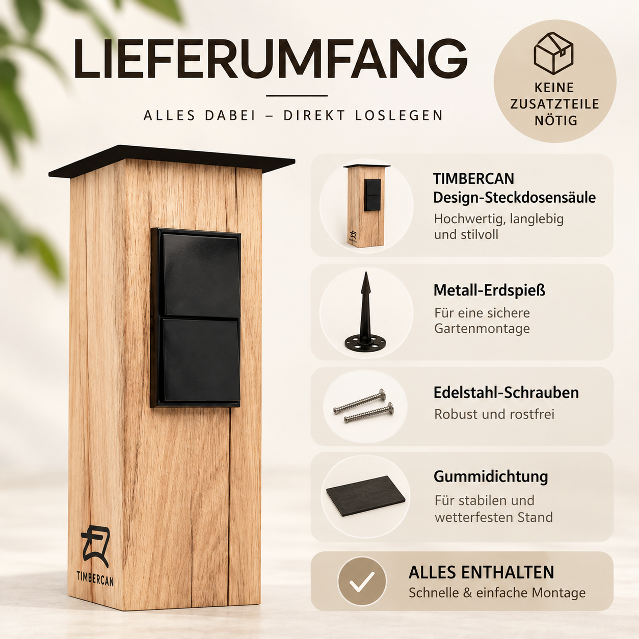 TIMBERCAN Design Gartensteckdose 2-fach aus Massivholz – Smart Steckdosensäule mit WLAN