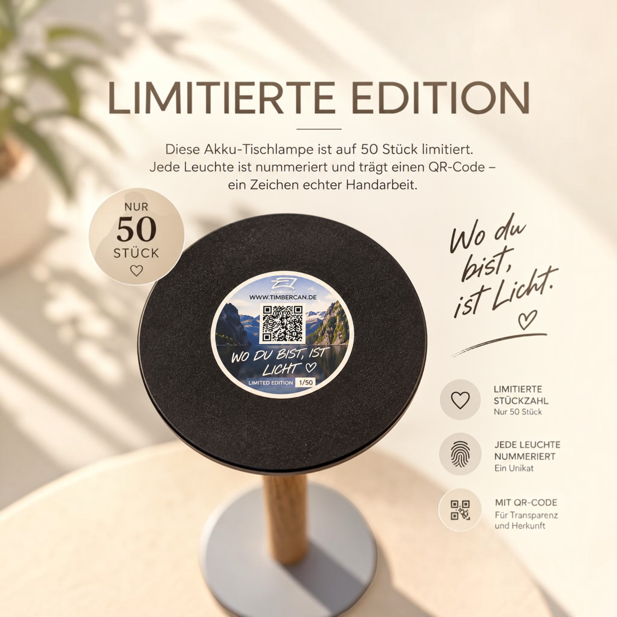 TIMBERCAN Akku LED Tischlampe aus Massivholz – Design Tischleuchte im Scandi Stil
