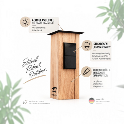 TIMBERCAN Design Gartensteckdose 2-fach aus Massivholz – Smart Steckdosensäule mit WLAN