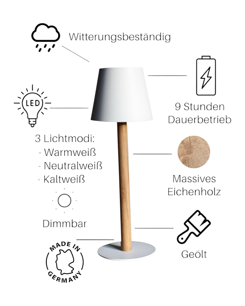 Weiß-graue TIMBERCAN Akku-Tischlampe aus massivem Eichenholz – dimmbare LED-Leuchte mit 3 Lichtmodi (warmweiß, neutralweiß, kaltweiß), witterungsbeständig, 9 Stunden Akkulaufzeit, geöltes Holz, Made in Germany