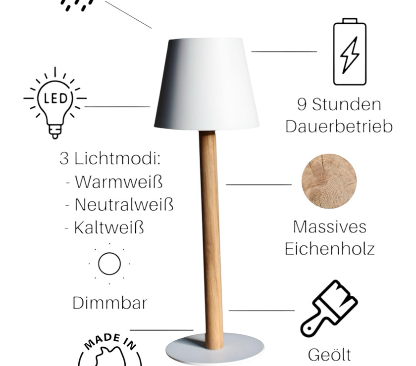 Weiß-graue TIMBERCAN Akku-Tischlampe aus massivem Eichenholz – dimmbare LED-Leuchte mit 3 Lichtmodi (warmweiß, neutralweiß, kaltweiß), witterungsbeständig, 9 Stunden Akkulaufzeit, geöltes Holz, Made in Germany