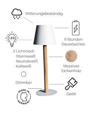 Weiß-graue TIMBERCAN Akku-Tischlampe aus massivem Eichenholz – dimmbare LED-Leuchte mit 3 Lichtmodi (warmweiß, neutralweiß, kaltweiß), witterungsbeständig, 9 Stunden Akkulaufzeit, geöltes Holz, Made in Germany