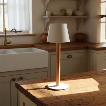TIMBERCAN battery-powered table lamp made of solid wood – designer light, wireless and dimmable for indoor and outdoor use