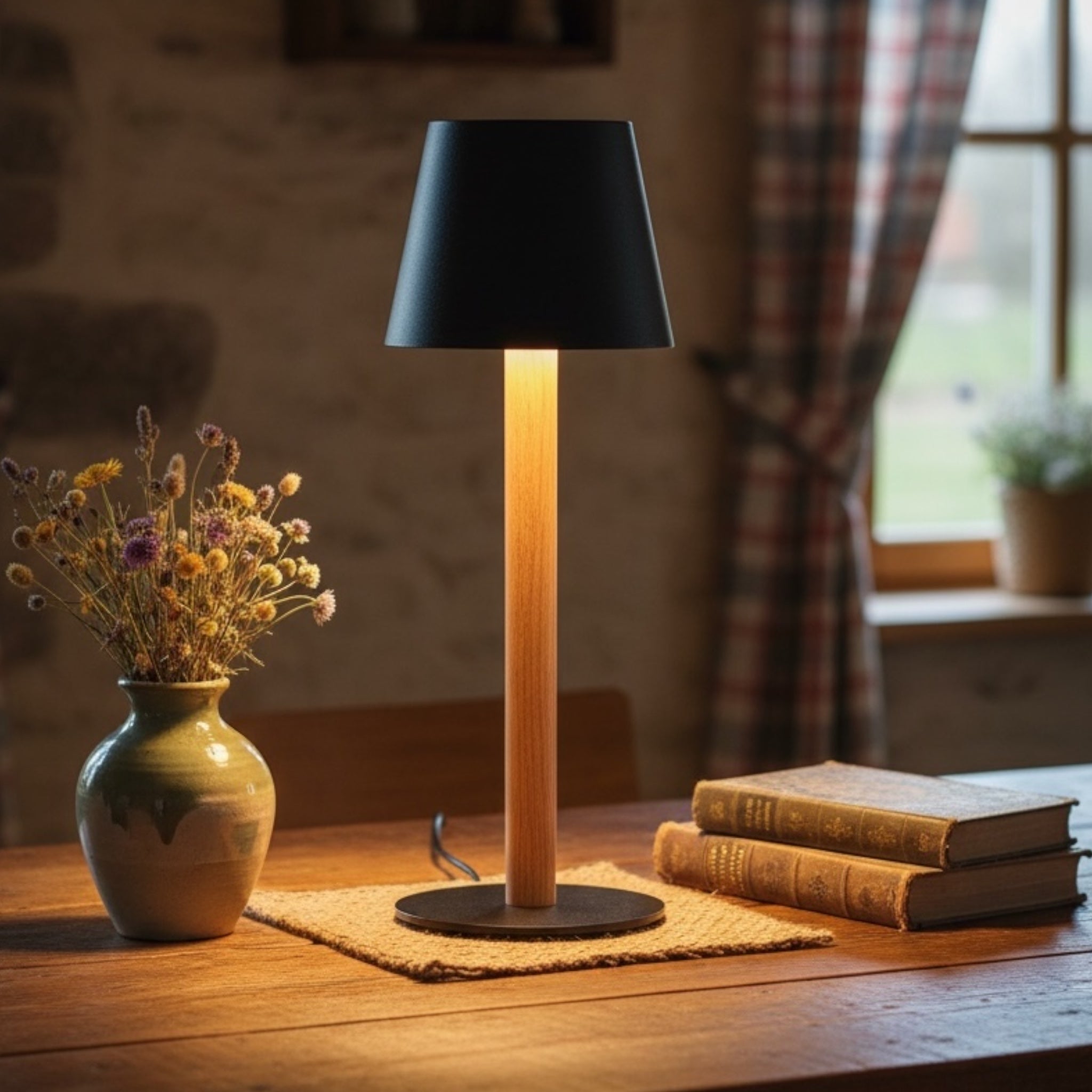 TIMBERCAN battery-powered table lamp made of solid wood – designer light, wireless and dimmable for indoor and outdoor use