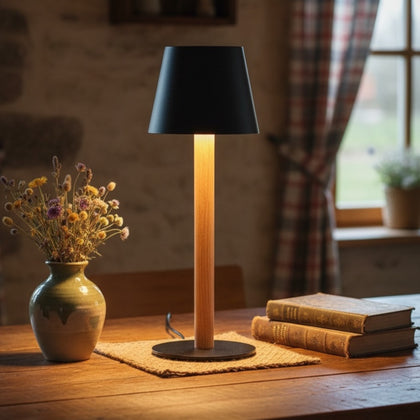 TIMBERCAN battery-powered table lamp made of solid wood – designer light, wireless and dimmable for indoor and outdoor use