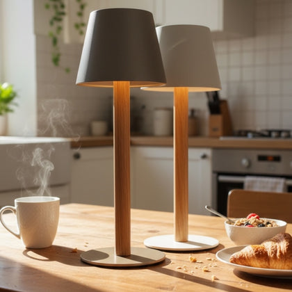 TIMBERCAN battery-powered table lamp made of solid wood – designer light, wireless and dimmable for indoor and outdoor use