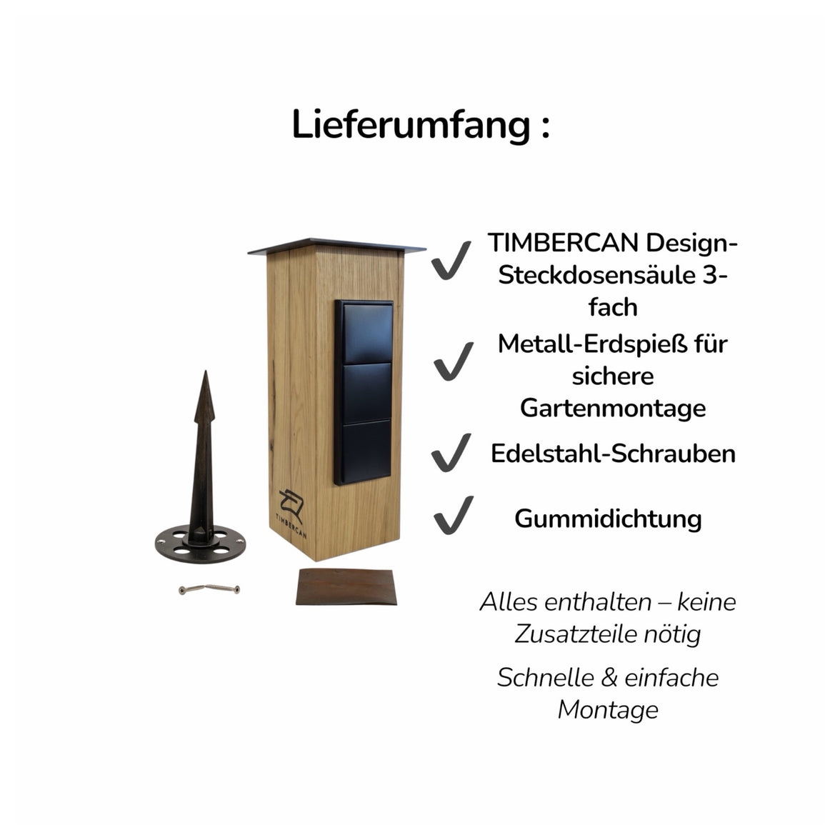 TIMBERCAN Design Gartensteckdose 3-fach aus Massivholz – Steckdosensäule für Garten & Terrasse