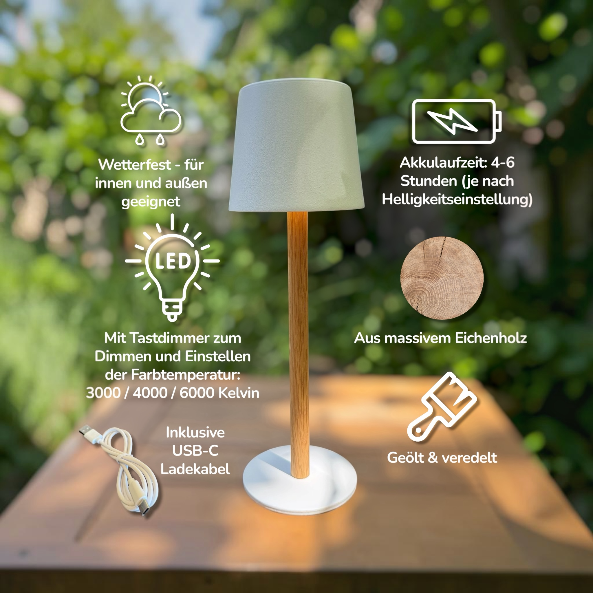 TIMBERCAN Mini Akku LED Tischlampe aus Massivholz – Kompakte Design Tischleuchte im Scandi Stil
